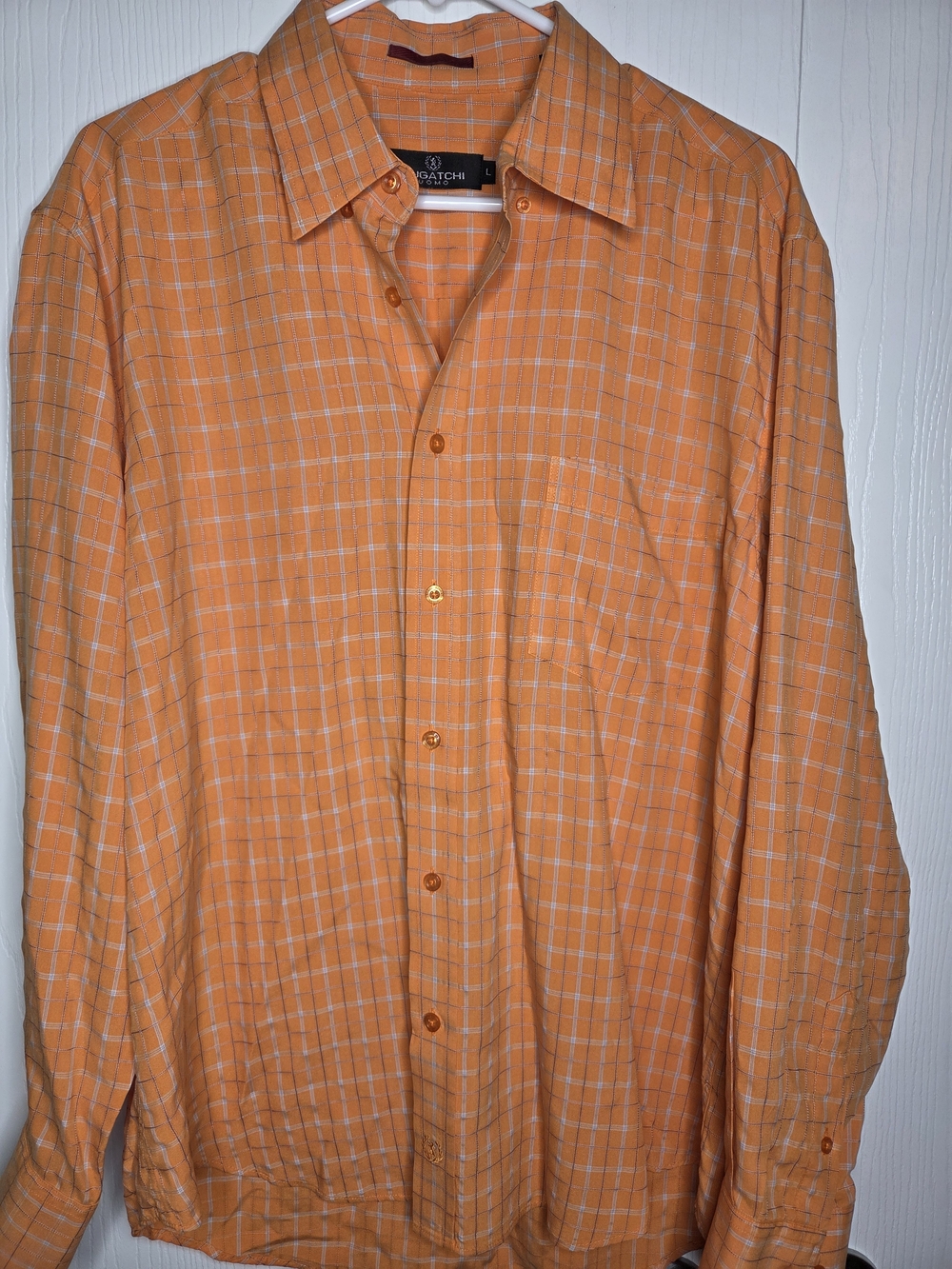 Bugatchi Uomo Men L Orange Plaid Checkered Button Down Long Sleeve Luxury Shirt